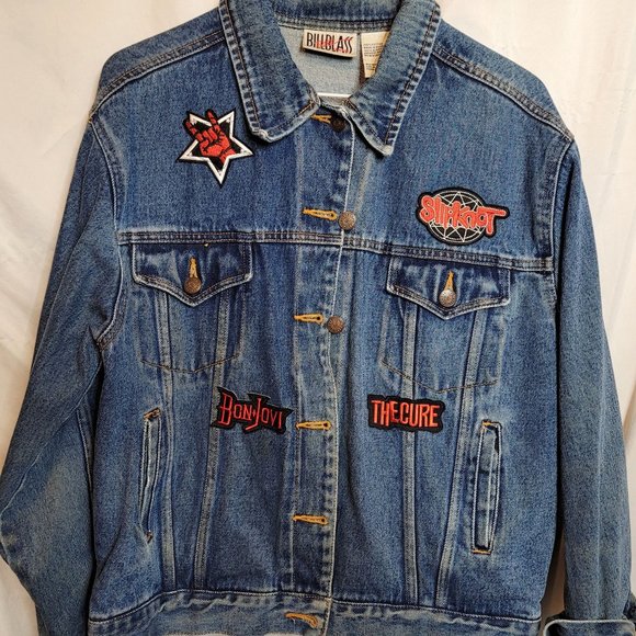 Vintage Bill Blass Denim Jacket Disturbed Upcycle Patch Band Womens Petite Large - Picture 5 of 9